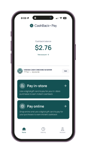 Cashback+ Pay app home page on mobile phone screen